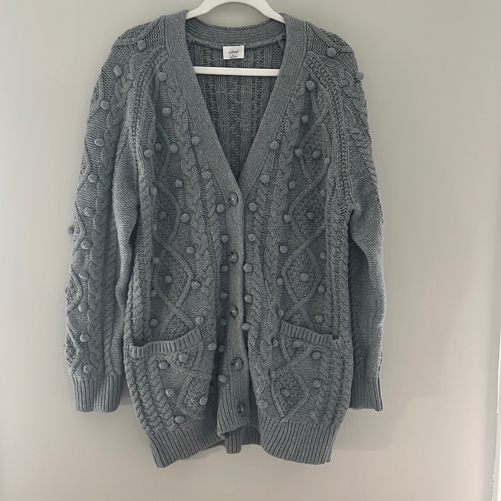 Aritzia Wilfred Gray Textured Knit Pom Pom Cardigan